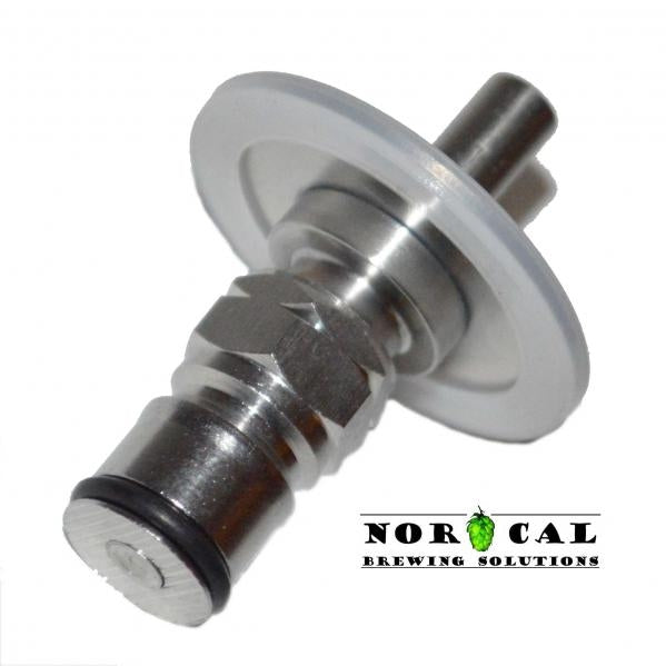 Speidel Ball Lock Gas Attachment fra Norcal har et CO2-dyprør i rustfritt stål, silikonring, O-ringstetning og er laget av 304 rustfast stål. Vises på en hvit bakgrunn med Norcal Brewing Solutions-logoen.