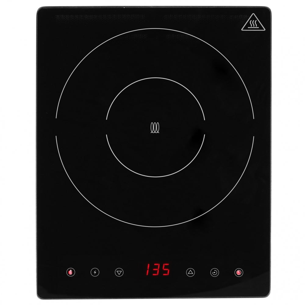 Hendi Induksjonstopp 3500W Black Line har runde brennermarkeringer, et digitalt display som viser 135 og berøringskontroller i bunnen.