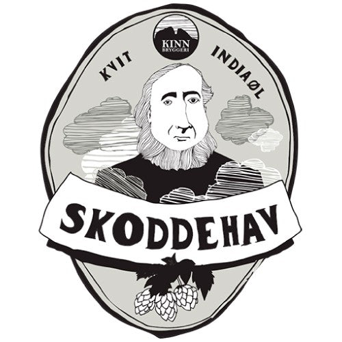 Svart-hvitt-illustrasjon av en skjeggete mann, skyer og humle med "Kinn Skoddehav Kvit Indiaøl" - en ølsett fra Brewshop - perfekt til hjemmebrygging.