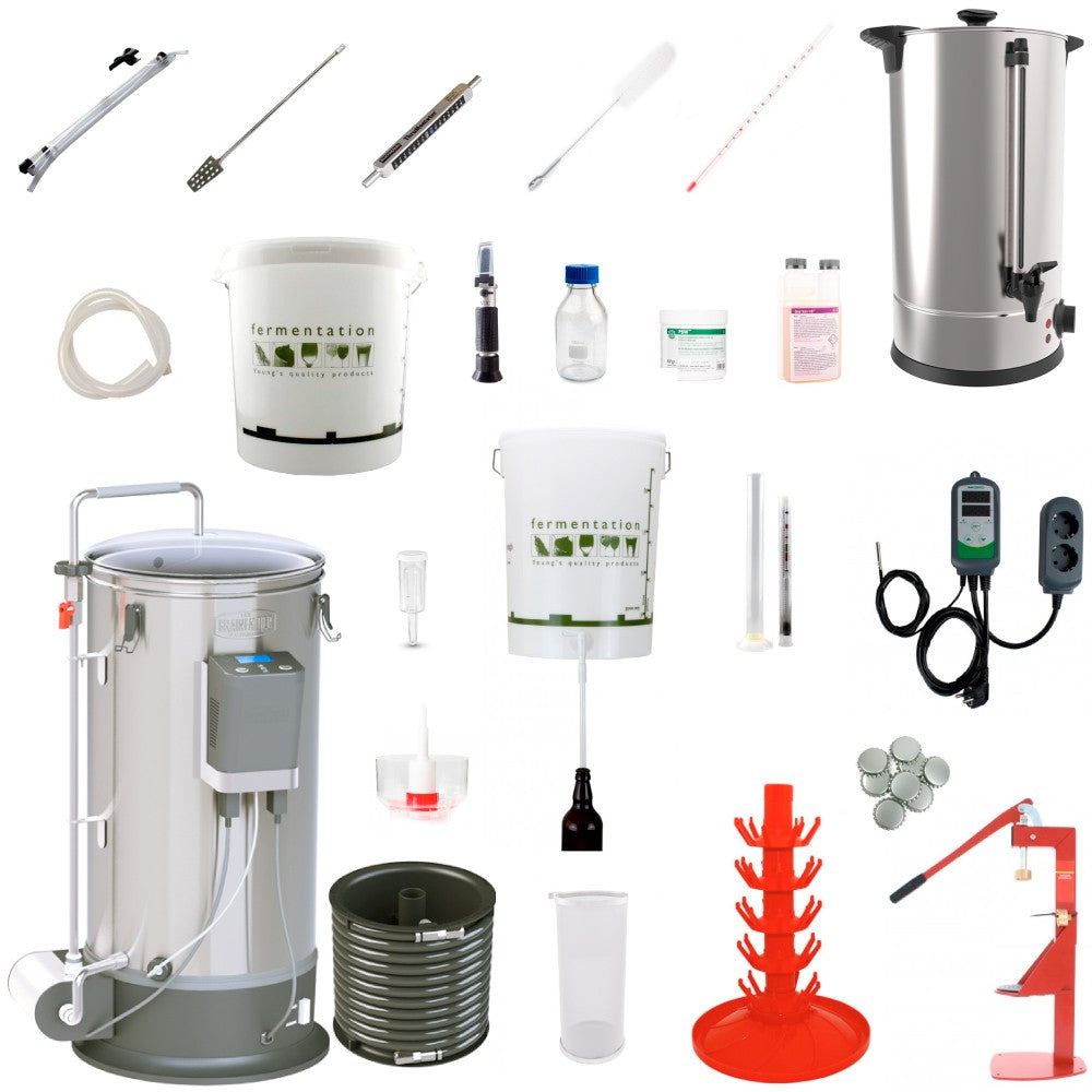 Grainfather Brewery Kit - Komplett startsett fra Brewshop inneholder fermentorer, flasker, termometre, børster, slanger, flasketre, kapsler og temperaturregulator - alt du trenger for hjemmebrygging. Perfekt for både nybegynnere og entusiaster.