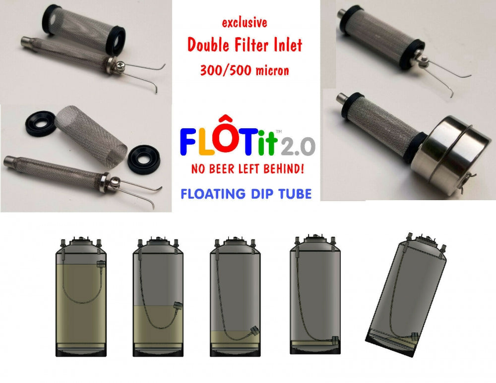 En collage av dyppeslanger, med FLOTit 2.0 med Max Headroom Gas Dip Tube-Floating Dip Tube fra Homebrewer LAB, samt design for Corneliusfat og klar øl-systemer.