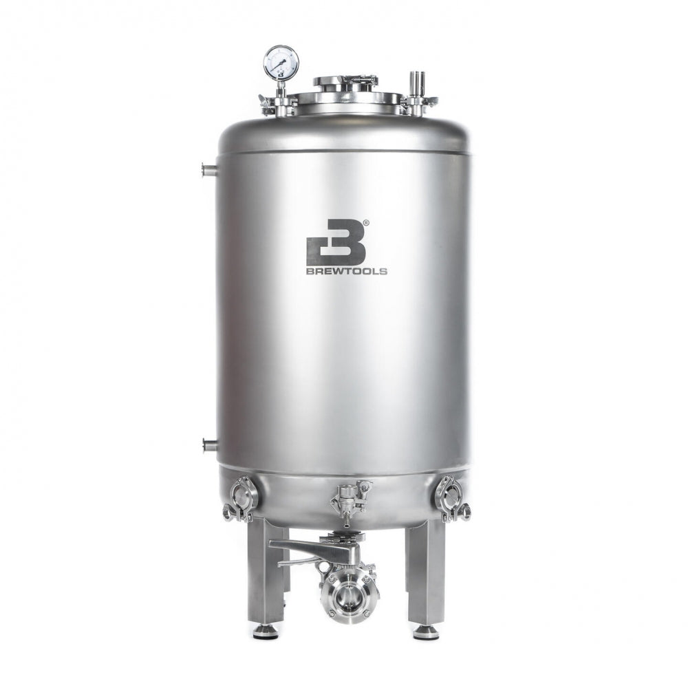 Brewtools Brite 150 brite-tanken har en konstruksjon i rustfritt stål, trykkmåler, topplokk og flere ventiler - ideelt for ølkarbonering - og står sikkert på tre ben.