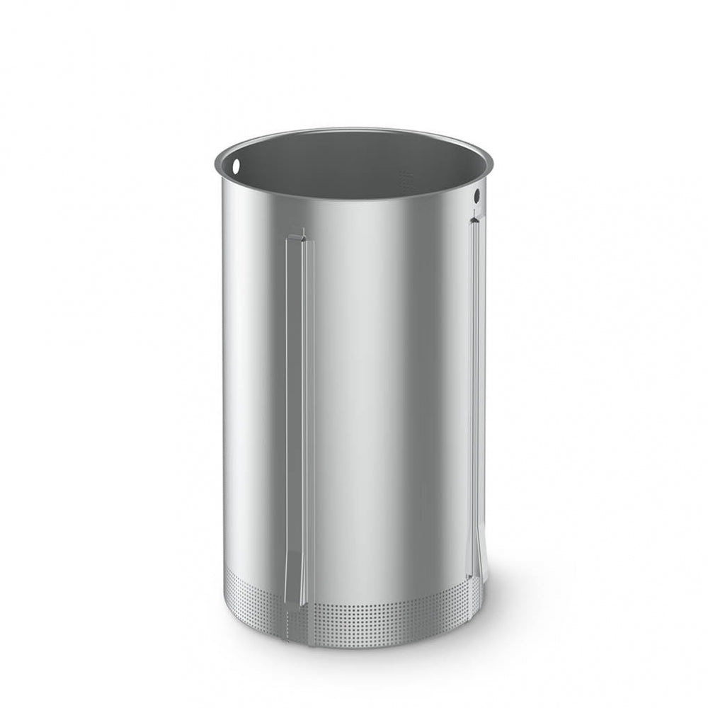 En sylindrisk Grainfather G30v3-beholder i rustfritt stål med håndtak og bunnperforering fra Grainfather bryggemaskin med motstrømskjøler, vist mot en vanlig hvit bakgrunn.