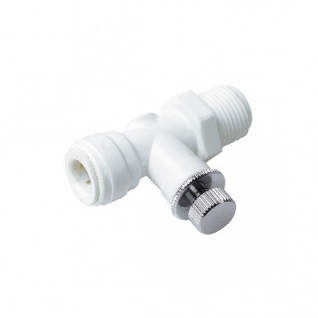 DMfit Control Valve Union Elbow har en 1/4" OD-rørkobling og 1/4" NPTF-gjenger, med en justeringsknott i krom og hvit plast/metall-konstruksjon fra Dmfit, vist på en vanlig hvit bakgrunn.