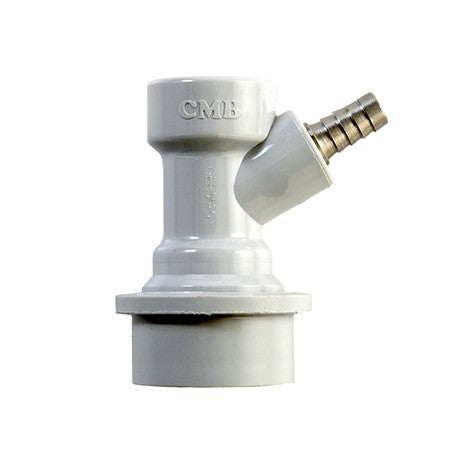 CMB Ball lock CO2 hurtigkobling med nippel er en hvit hurtigkobling i plast med mothaker, designet for tilkobling av drikkeslanger i hjemmebryggingssystemer.