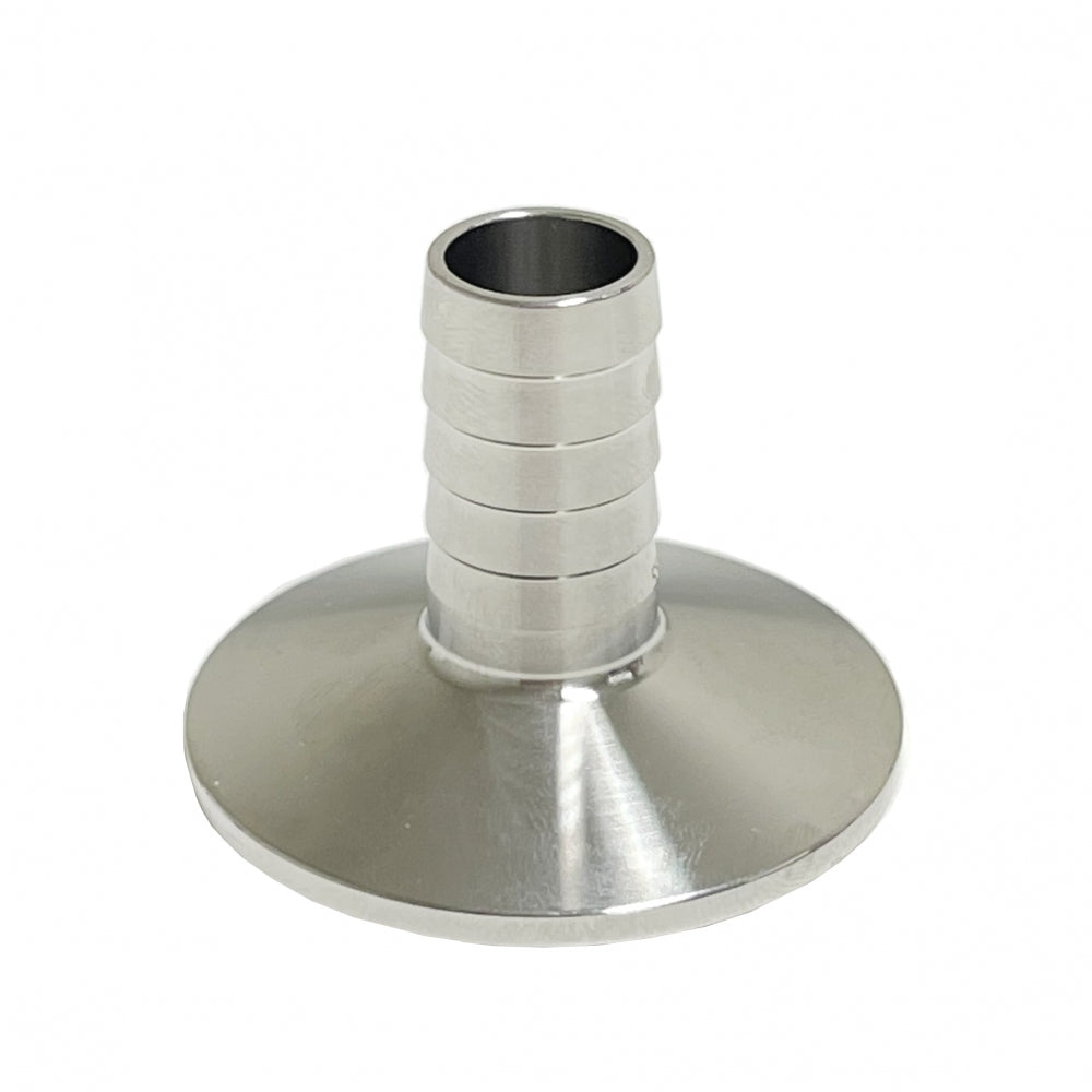 Brewshop 1,5" Tri-Clamp x 16mm slangenippel er en slangestuss i rustfritt stål med bred base og sylindrisk, riflet kobling, laget av rustfritt stål 304, vist på en vanlig hvit bakgrunn.