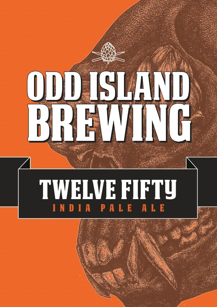 Odd Island Brewing Twelve Fifty - Allgrain ølsett har fet hvit tekst på en oransje etikett med en delvis hodeskalleillustrasjon, ideell for fans av allgrain ølsett-stiler.