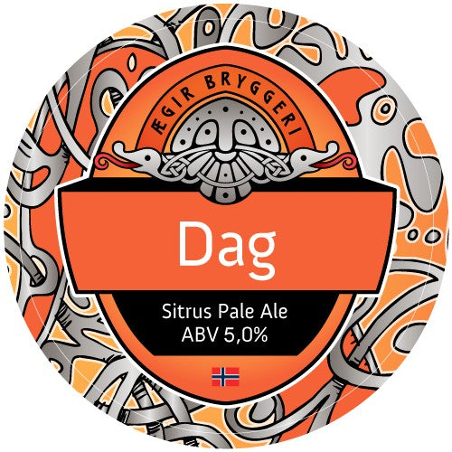 Rund etikett med norrønt design for Ægir Utpå Dagen Sitrus Pale Ale (ABV 5,0%), Brewshop branding, norsk flagg, i oransje, svart & grått. Passer utmerket til hjemmebrygging eller som inspirasjon til ditt allgrain ølsett.