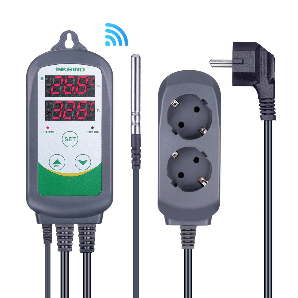 Inkbird WIFI ITC-308 Dual Temperatur Kontroller fra Inkbird har to skjermer, en probesensor, to strømuttak og en europeisk støpsel - ideelt for hjemmebryggere som ønsker en presis digital temperaturkontroll.