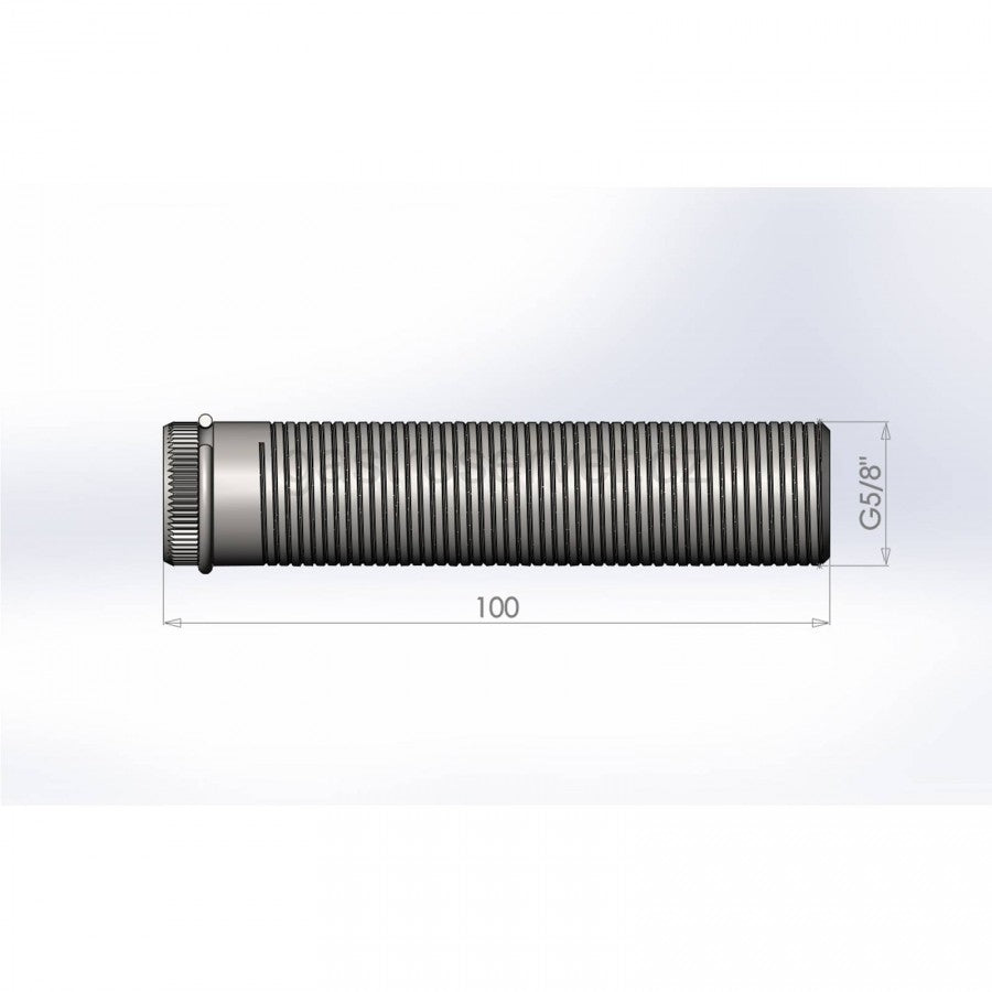 Teknisk tegning av Lukr LUKR EU Shank 5/8" x 100mm - lang gjennomføring; en sylindrisk, riflet rustfritt stålslange med G5/8-fitting, kompatibel med en 5/8" tappekran, og kobling i den ene enden.