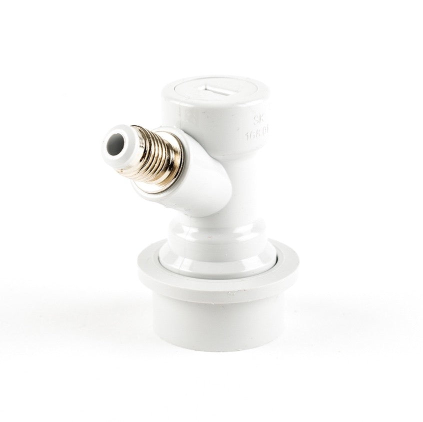CMB Ball lock CO2 hurtigkobling 1/4" MFL gjenger hvit plastkobling for hjemmebrygging eller fatølsystemer, vist mot en vanlig hvit bakgrunn.
