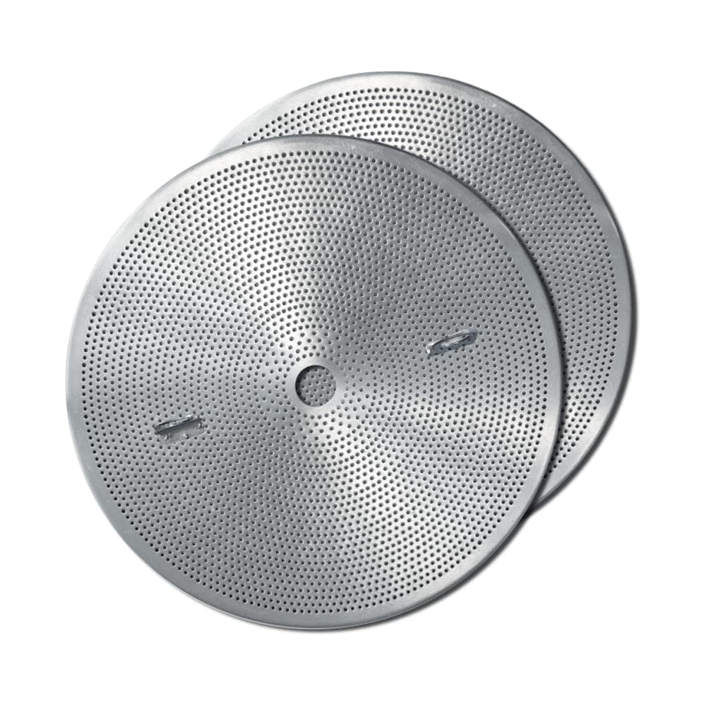 To runde, valsede Grainfather G30 Rolled Plates i rustfritt stål med fine perforeringer, lett overlappende på en hvit bakgrunn - perfekt som et oppgraderingssett til din Grainfather G30.