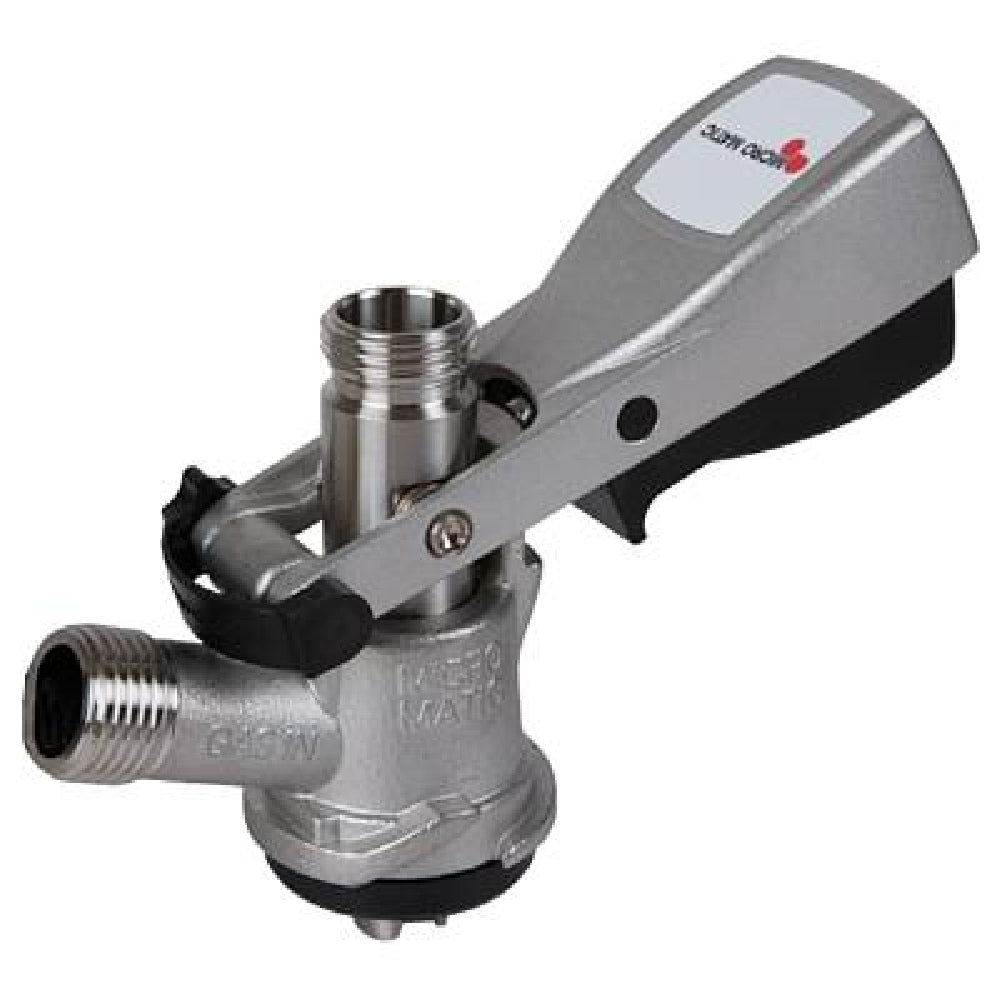 Lindr Dispense Head S-kobling (S-Type) fra Micro Matic er en ølfatkobling i rustfritt stål med et svart håndtak, designet for å koble fat til tappesystemer, og inkluderer veiledning for enkel installasjon.