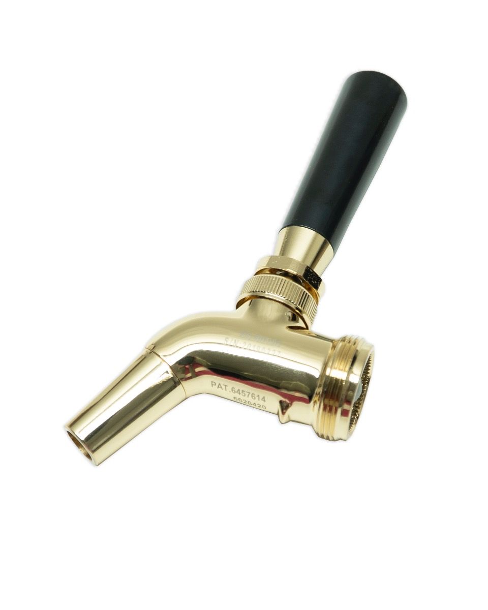 Keg King Ultratap Gold tappekran med håndtak er en gullfarget tappekran med svart håndtak, gullbelagt finish og forseglingsdesign, vist mot en hvit bakgrunn.