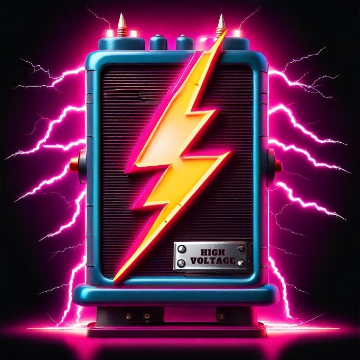 En blå og svart WHC Lab-pakke med High Voltage - Electrifyingly Clean Thermotolerant Yeast (500 g tørrgjær, kveik) med et gult lyn og HIGH VOLTAGE-etikett avgir rosa gnister mot en mørk bakgrunn. Best før 04/26.
