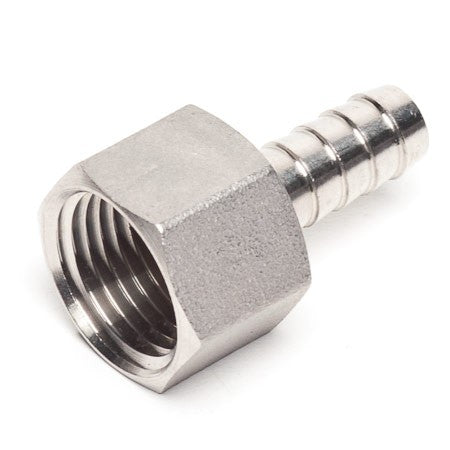 Brewshop Slangenippel hunn 1/2" BSP x 13 mm er en slitesterk, sølvfarget metallmutter med gjenger, laget av rustfritt stål.