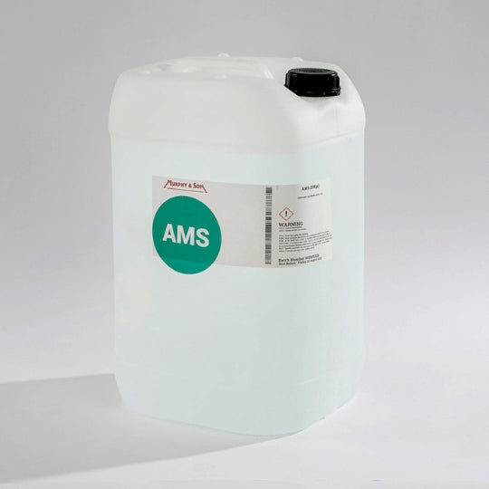 AMS 25kg - Murphy & Son er en hvit plastbeholder med svart lokk, perfekt til AMS eller syreblanding brygging for å redusere vannets alkalitet.