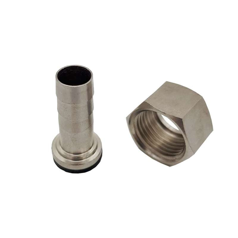 En 10 mm slangenippel og en 1/2" BSP-mutter fra KeyKeg vises på en hvit bakgrunn.