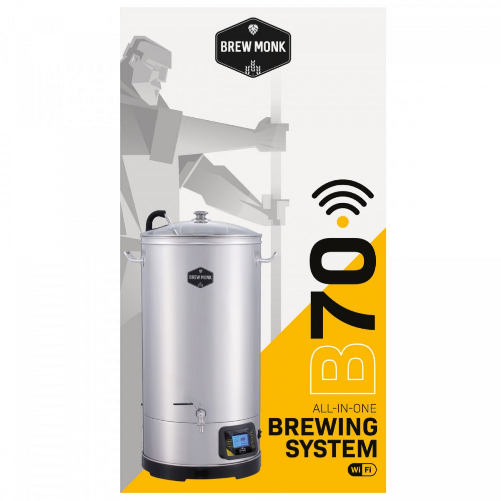 Brew Monk B70 Wi-Fi bryggemaskin fra Brouwland vises på en emballasje med gul og hvit bakgrunn med en stilisert munkeillustrasjon.