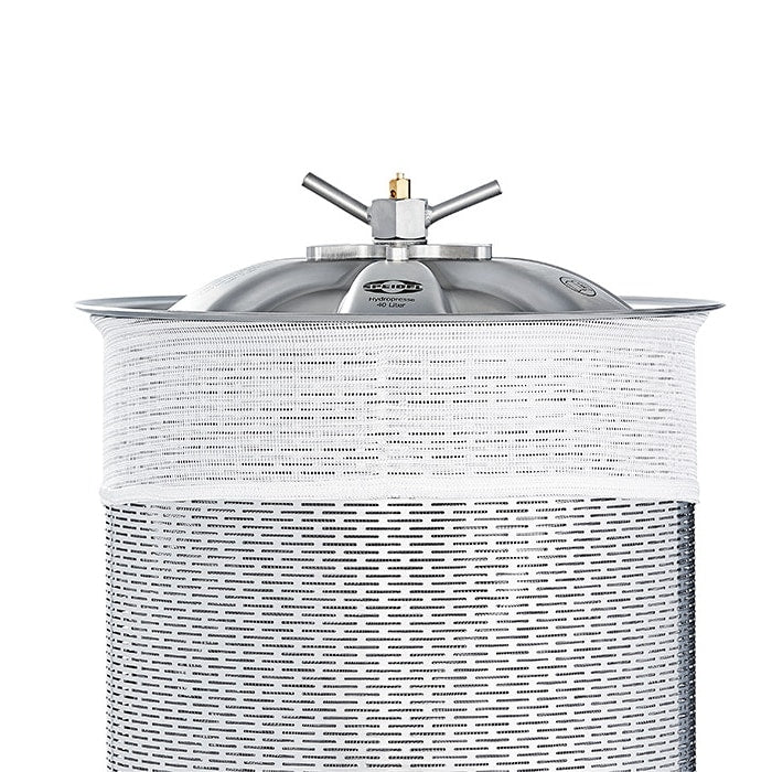 Silpose for 40L Hydropress fra Speidel er en sylindrisk beholder i rustfritt stål med perforert ytre skall, nettingfilter, kuppelformet lokk med metallhåndtak og en sentralventil.