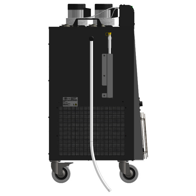 Sidebilde av en svart Lindr CWP 300 4X Pump 4X Thermostat NEW Green Line-maskin på hjul med ventilasjonsåpninger, kontrollpanel og slange - ideell som et industrielt kjøler- og kjølesystem for gjæringstanker.