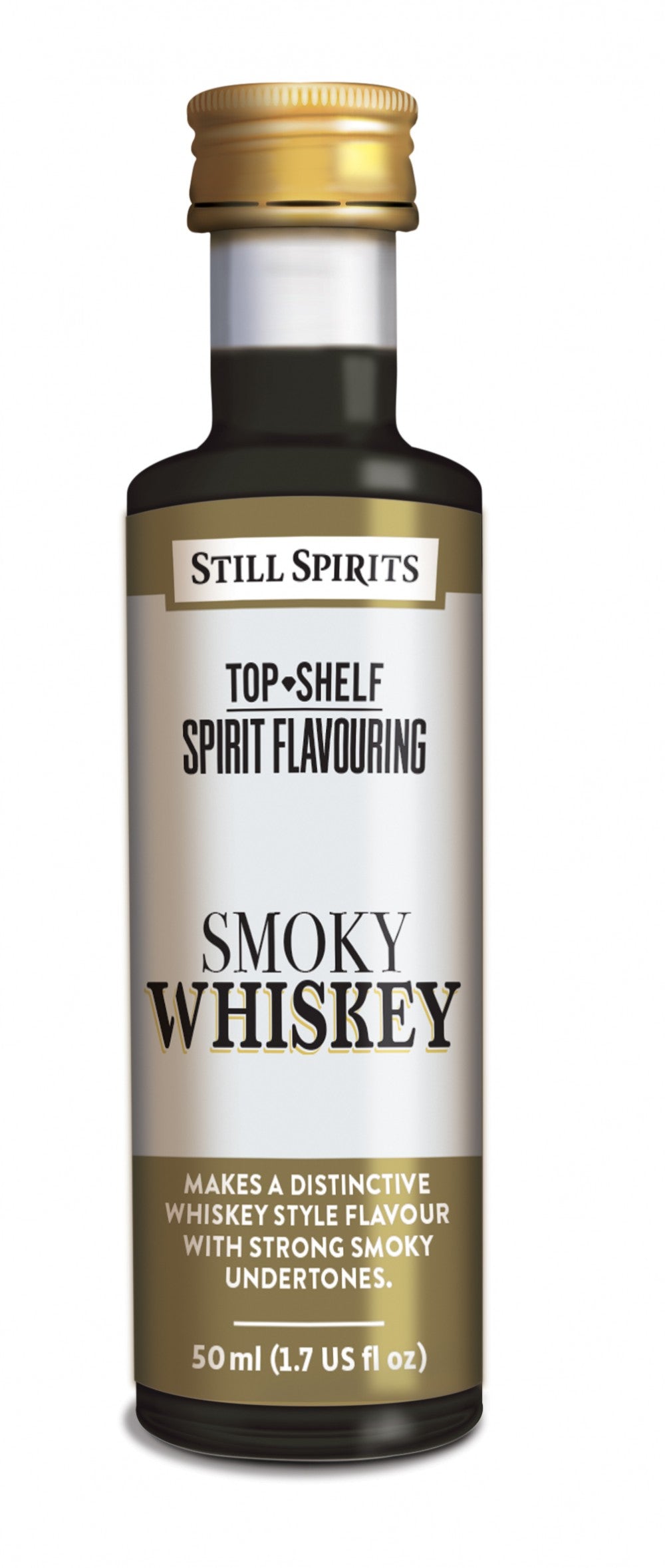Still Spirits SS Top Shelf Smoky Whiskey - 50 ml essens har sterke røykfylte undertoner i en liten flaske, perfekt for å tilføre en rik, røykfylt smak til din hjemmelagde whisky.