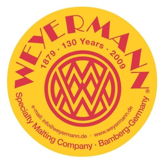 Gul, sirkulær Weyermann-logo med rød tekst som markerer 130 år (1879-2009), med firmanavn, nettside, e-post, "Specialty Malting Company Bamberg-Germany", og med Carafa Special Type 3 25 kg (1300-1500 EBC).