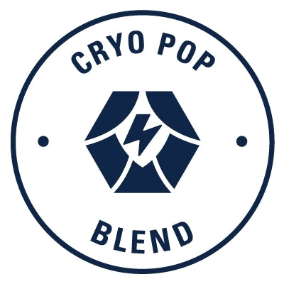 En sirkelformet logo med "CRYO POP BLEND" omkranser en sekskant og et lyn, som symboliserer Yakima Chiefs Cryo Pop Original Blend 25 g Cryo Hops (23 %) og den innovative Cryo Hops-prosesseringsteknologien.