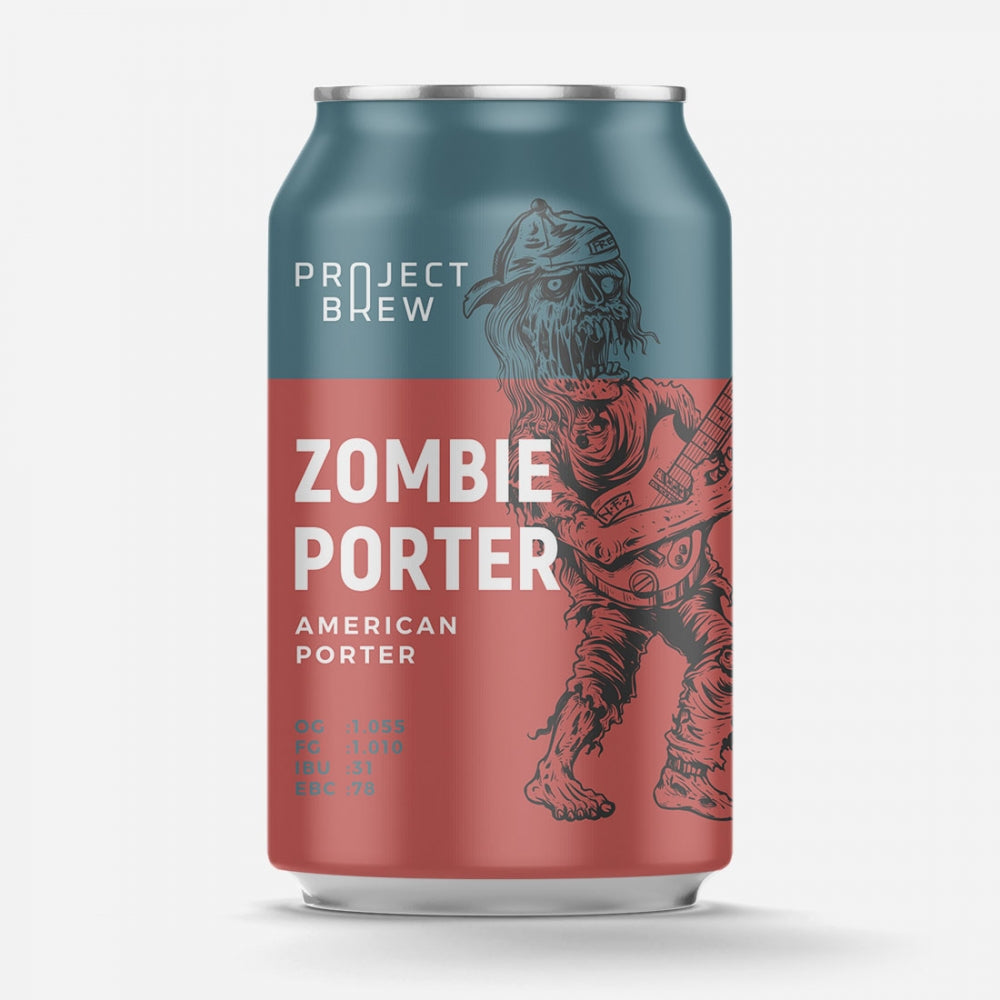 En boks Project Brew Zombie Porter - en ølsett med en blå og rød etikett med en gitarspillende zombie - en ideell inspirasjon til ditt neste porterbryggesetteventyr.