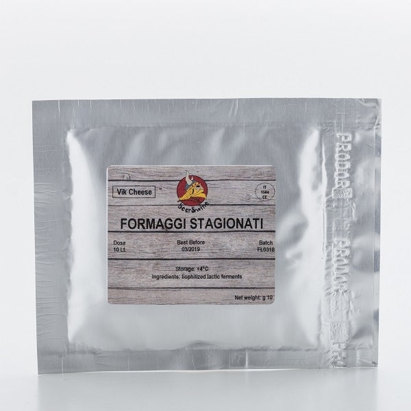 En sølvfarget pakke merket Enolandia Kultur for modne oster for 10L melk (Formaggi Stagionati), med oppbevaringsinstruksjoner og ingrediensinformasjon på forsiden.