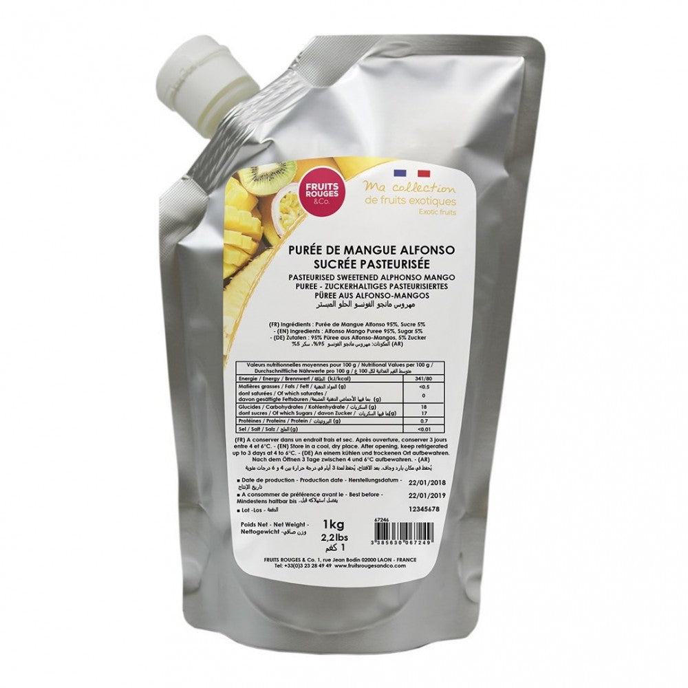 En sølvfarget pose merket Mango fruktpuré 1kg - Fruits Rouges & Co, med næringsinnhold og skrukork, inneholder deilig pasteurisert mango fruktpuré fra merket Fruits Rouges & Co.