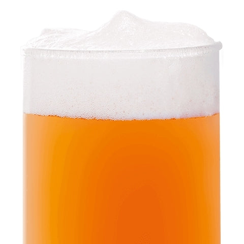 Et nærbilde av et glass fylt med oransje øl toppet med hvitt skum, laget av en nøye utvalgt maltblanding og BEST Acid Malt (3,0-8,0 EBC) 100 g fra Bestmalz for å optimalisere pH-verdien i mosen og gi perfekt smak.