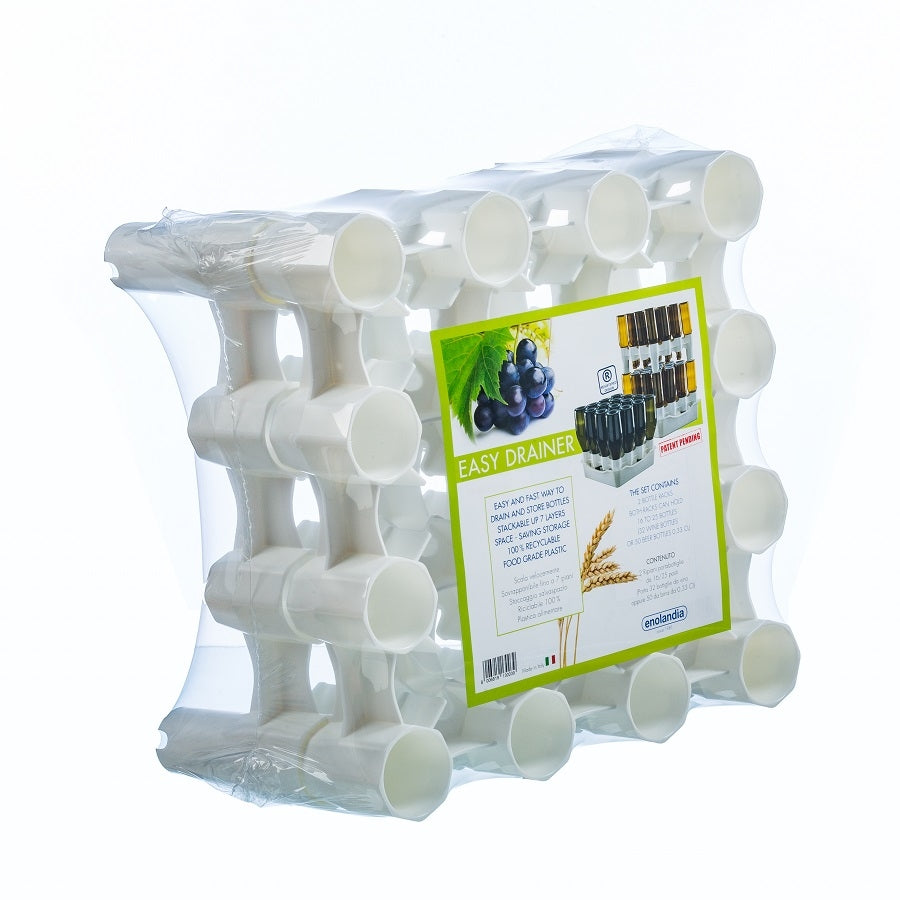 En pakket Easy Drainer Expansion Module fra Enolandia, med to hvite plaststativer for tørking av opptil 50/32 flasker, med produktinformasjon og bilder på frontetiketten.