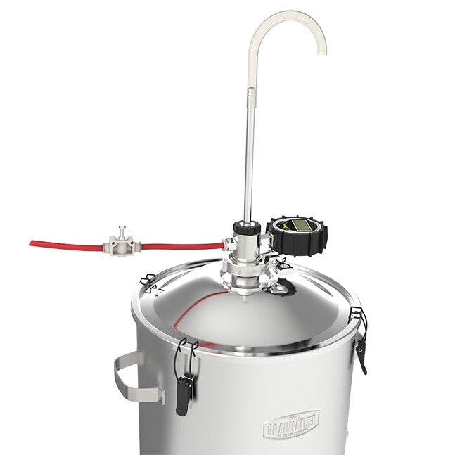 Grainfather Conical Fermenter Pressure Transfer har en beholder i rustfritt stål med låsbart lokk, trykkmåler, slange og buet tut - perfekt for overføring av øl eller væsker under trykk fra Grainfather-gjæringskaret ditt.