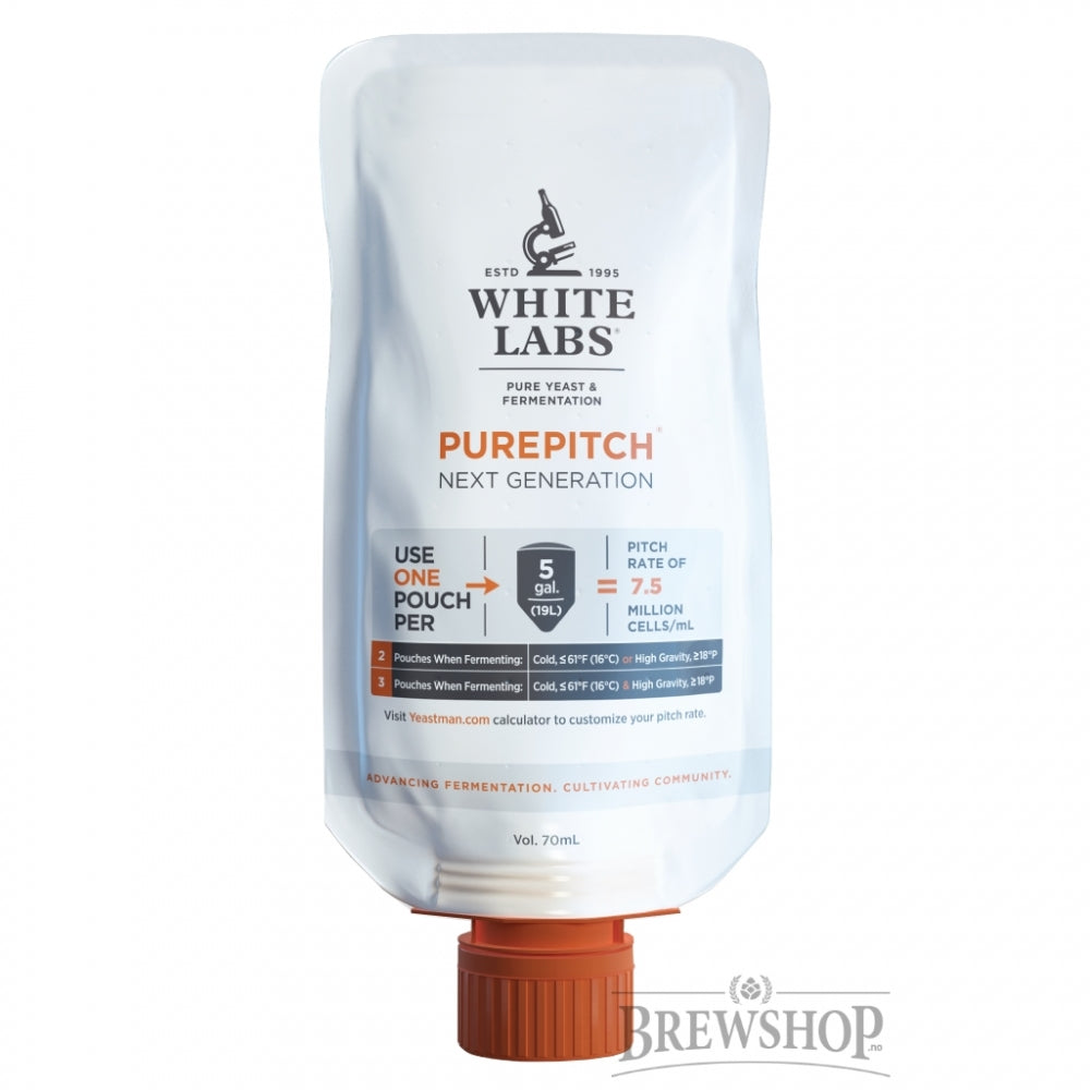 WLP566 Belgian Saison II Ale Yeast - 70 ml PurePitch Next Generation-pose (best før 26.01.26) står oppreist med en oransje hette, ideell for gjæring av gårdsøl og saison, og inkluderer klare instruksjoner.