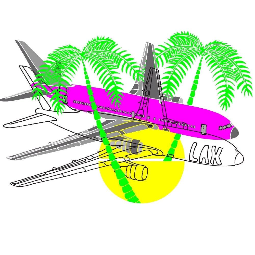 Illustrasjon av to fly - ett rosa og ett med konturer - med grønne palmer og en gul sol. Det fremste flyet har "LAX" på nesen, noe som refererer til LAX - Clean West Coast IPA Yeast 11g fra WHC Lab og den luftige West Coast IPA-stemningen.