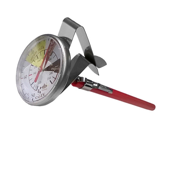 Alla France Analogt termometer +50+100 °C er et kalibrerbart analogt termometer med rund skive, fargede temperatursoner, rød sonde og beholderklemme.