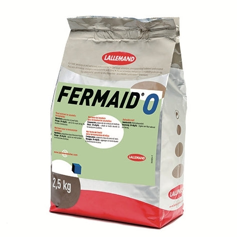 Fermaid O 2,5 kg gjærnæring fra Lallemand er rik på organisk nitrogen og brukes i brygging og vinproduksjon, med merkevare og instruksjoner godt synlig på emballasjen.