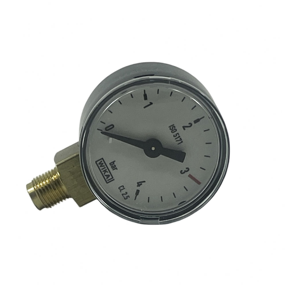Oxyturbo Manometer 0-4 bar, et analogt manometer med messingkontakt, viser en avlesning på ca. 2,3 bar.