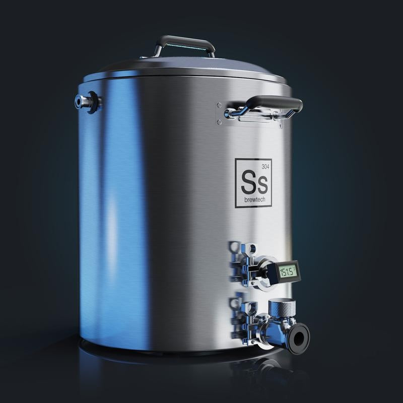 Ss Brewtech InfuSsion TC Mash Tun 38L har en konstruksjon i rustfritt stål og et digitalt display som vises mot en mørk bakgrunn - ideelt for hjemmebryggere som ønsker presisjon.
