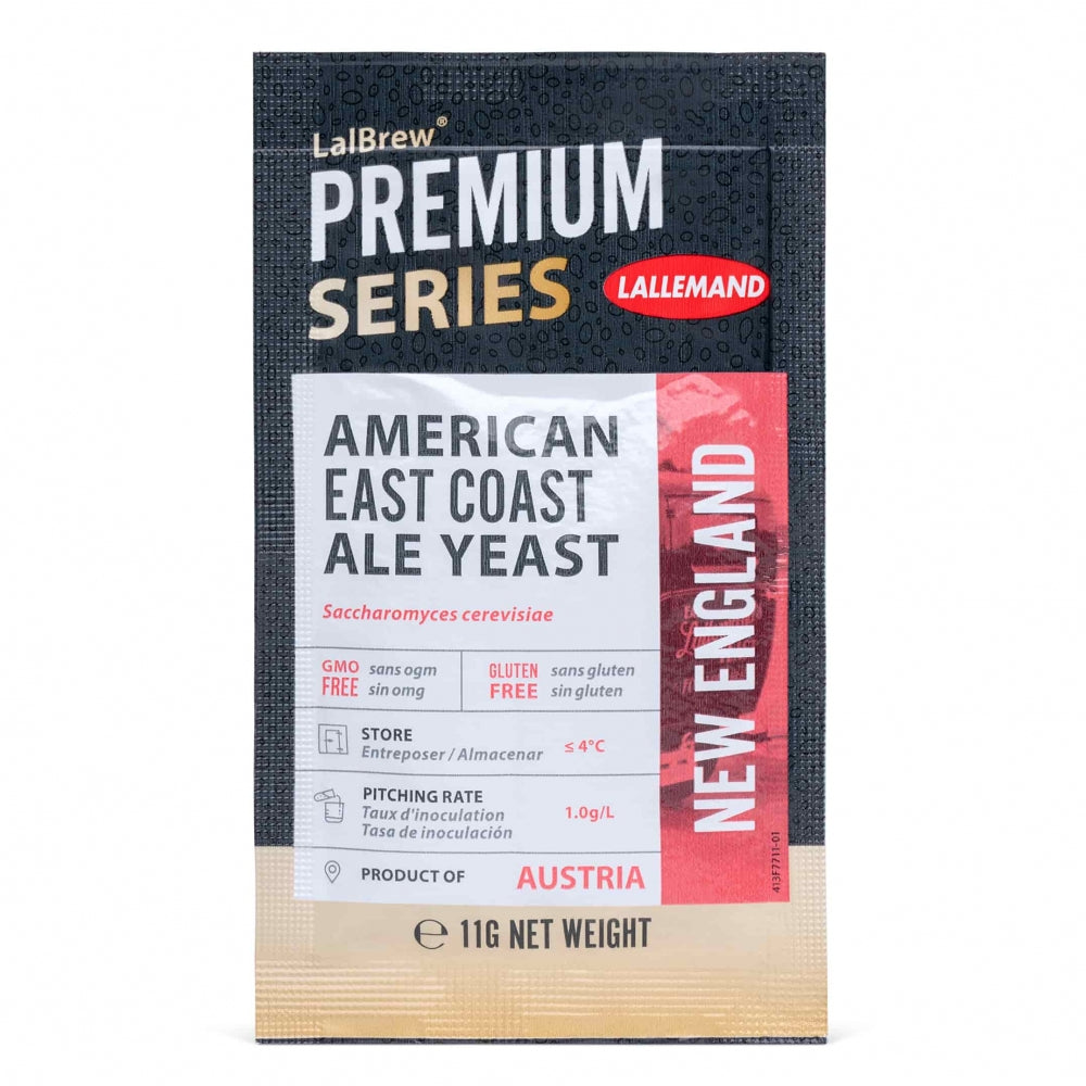 En pakke med Lallemand LalBrew New England American East Coast Ale Yeast, 11 g, merket GMO og glutenfri, med oppbevaringsinstruksjoner og opprinnelsesdetaljer på forsiden.