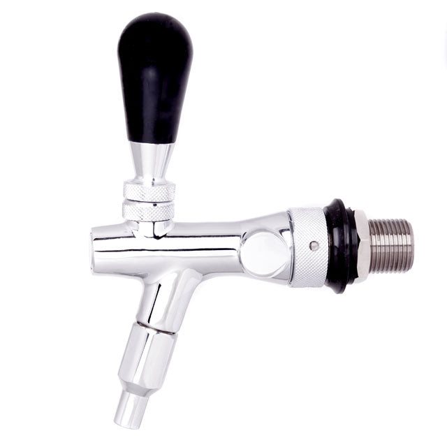 Nærbilde av en polert Lindr Sparkler Tap - Stout Tappekran, 5/8" BSP fra Lindr, med svart håndtak og tappekran i rustfritt stål, isolert på en hvit bakgrunn.