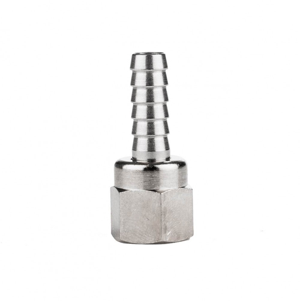 Brewshop Slangenippel 1/4" (6,3 mm) med mutter (1/4" FFL) er en slangestuss av metall med sekskantet mutterbase og riflet, konisk munnstykke for tilkobling av fleksible slanger.
