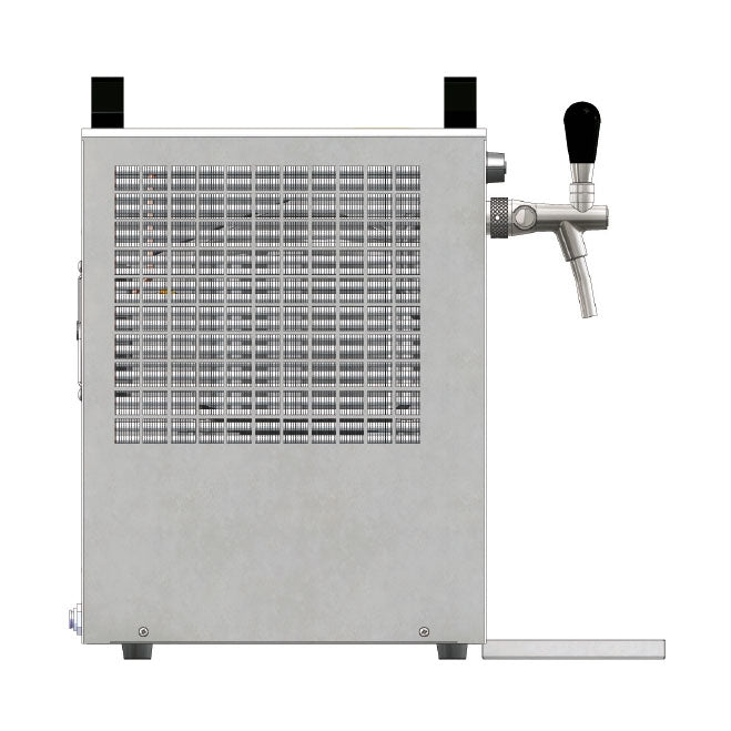 Lindr KONTAKT 40 NEW Green Line uten kompressor ølkjøler fra Lindr sett fra siden, med tappetårn i rustfritt stål med kranhåndtak, ventilasjonsrister og dryppebrett i bunnen.