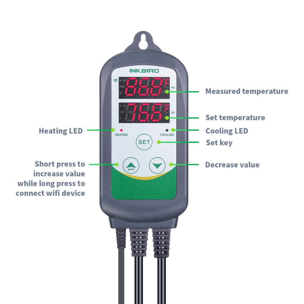 Inkbird WIFI ITC-308 Dual Temperatur Kontroller har dobbelt display, merkede knapper for innstilling/oppvarming/kjøling/verdijustering og to sensorkabler - ideelt for hjemmebryggere som trenger presis temperaturkontroll.
