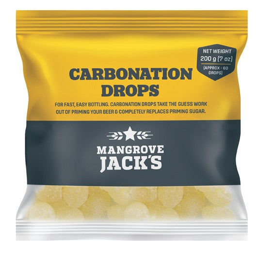Mangrove Jacks karboneringsdrops 200g (60stk) fra Mangrove Jacks, merket for rask og enkel flasking og priming av øl, i gul/svart emballasje-perfekt sammen med engangshansker for å beskytte mot infeksjon.