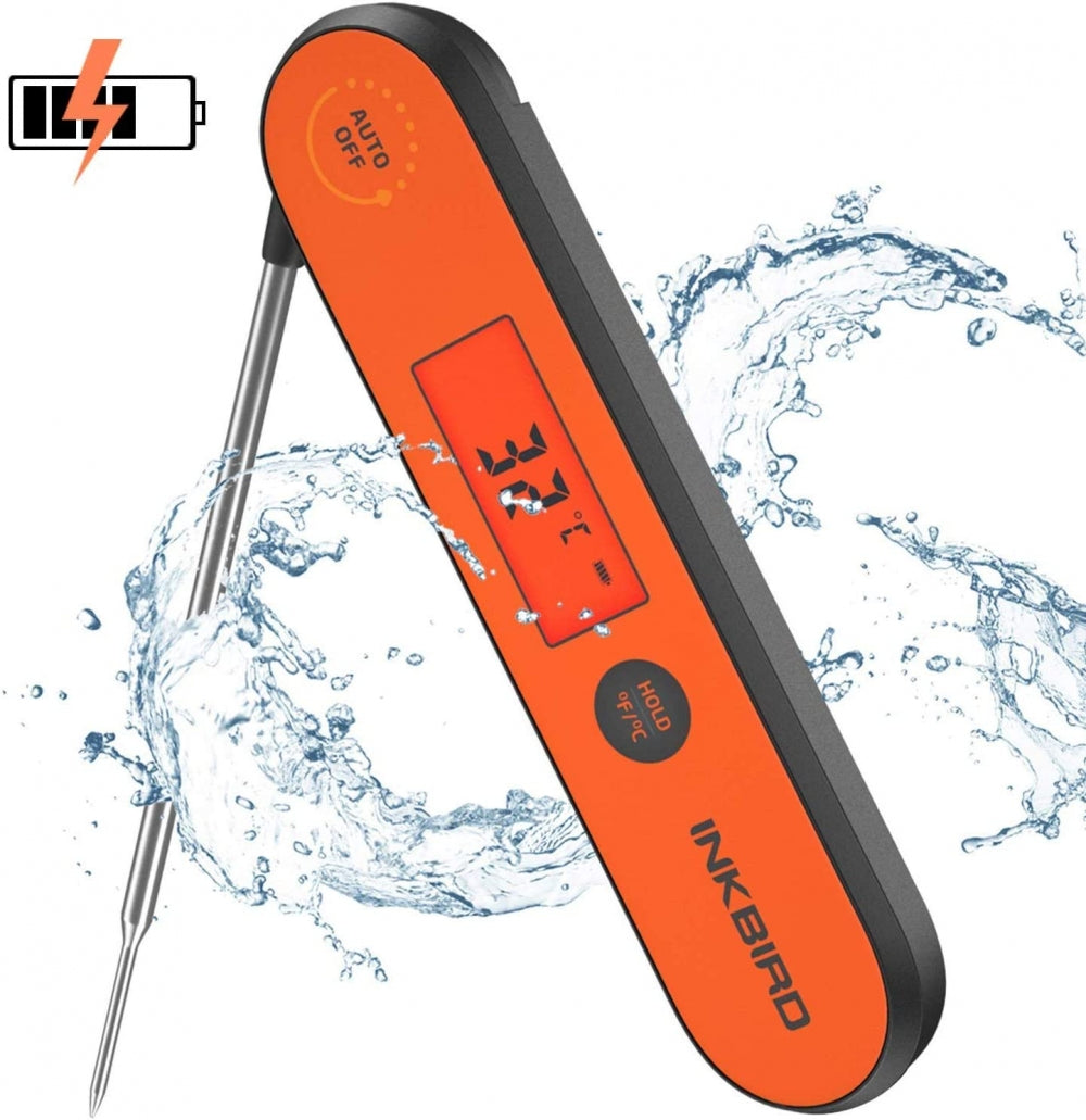 Inkbird Digitalt Termometer IHT-1P, i oransje og svart, er en oppladbar enhet fra Inkbird som er ideell for raske temperaturkontroller.
