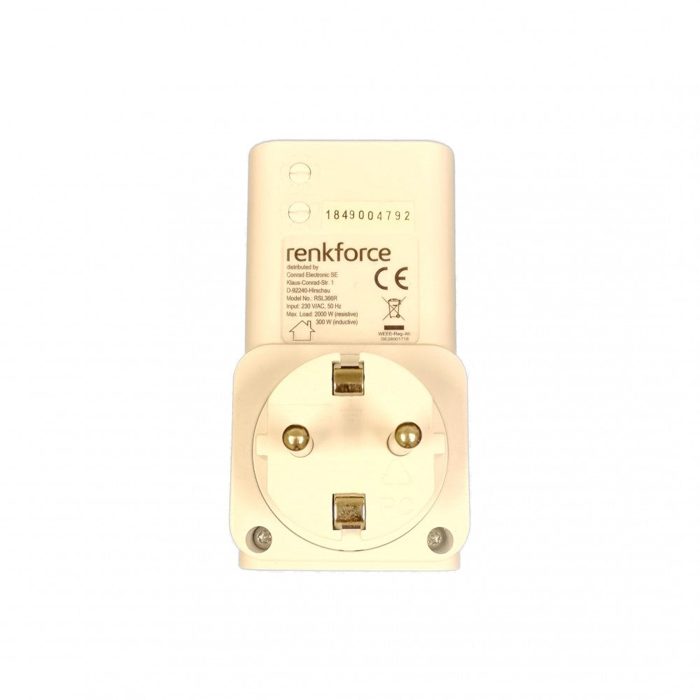 Renkforce 433MHz Fjernstrømbryter 3 stk - Smartplug er en hvit støpseladapter med to runde tapper og produktinformasjon på toppen, perfekt for fjernstyrte stikkontaktoppsett.