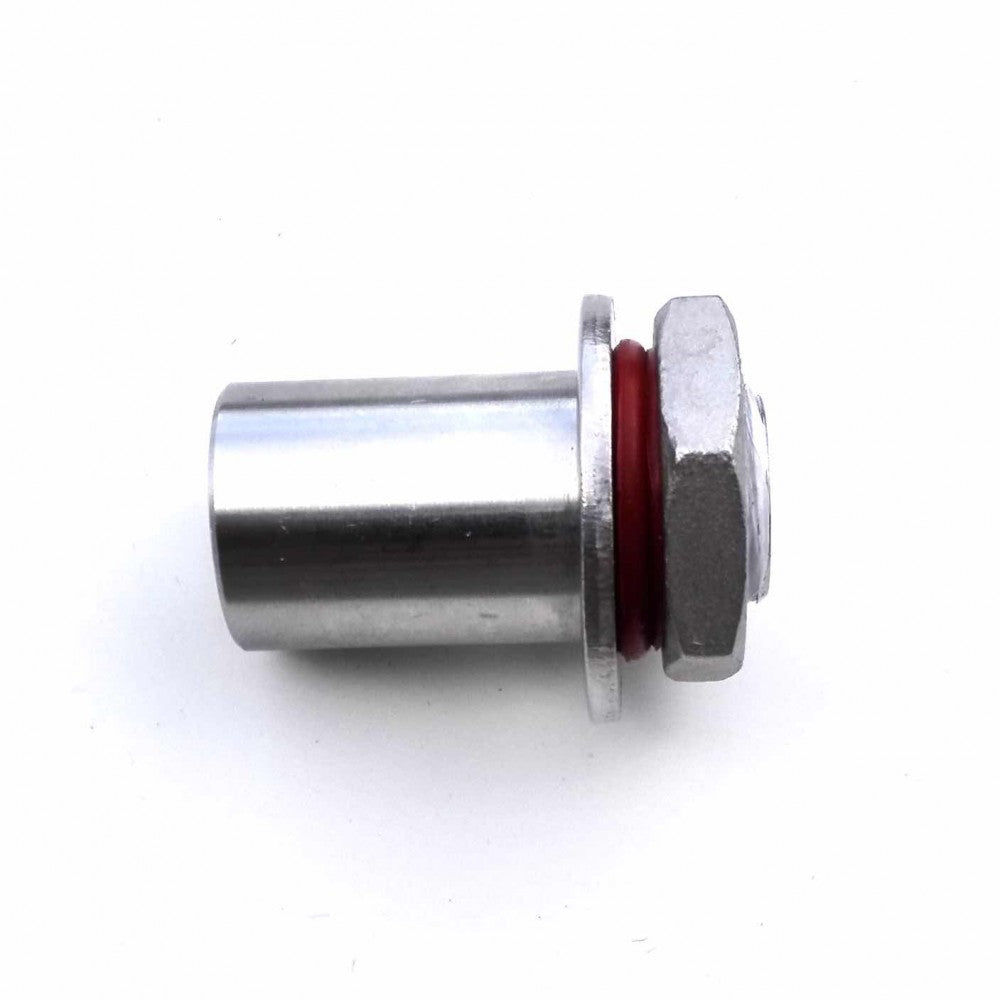 Brewshop Gjennomføring sveisefri 1/2" har et sekskantet metallhode, rød skive og sylindrisk skaft i rustfritt stål 304, vist mot en hvit bakgrunn.