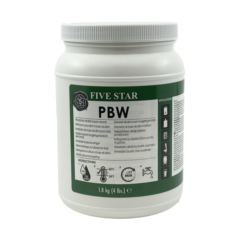 Et hvitt kar merket Five Star Chemicals PBW 1,8 kg rengjøringsmiddel med grønne aksenter, med instruksjoner og ikoner på flere språk - et must-have bryggeutstyr for hjemmebryggere.
